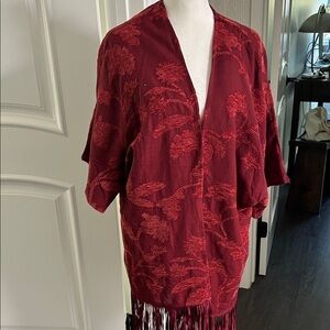 Chico's Red Floral Jacket with Fringe